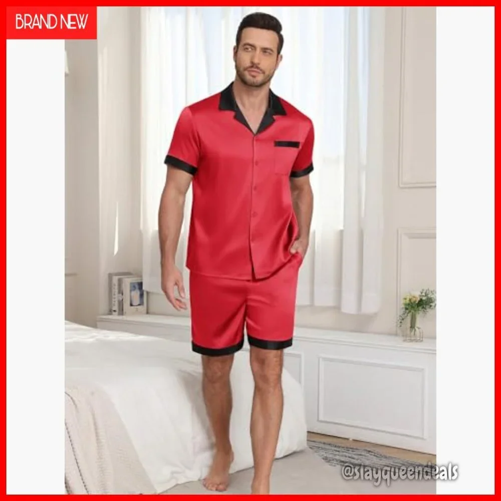 Men's Satin Silk Pajama Set Short Sleeve Button Down with Pockets